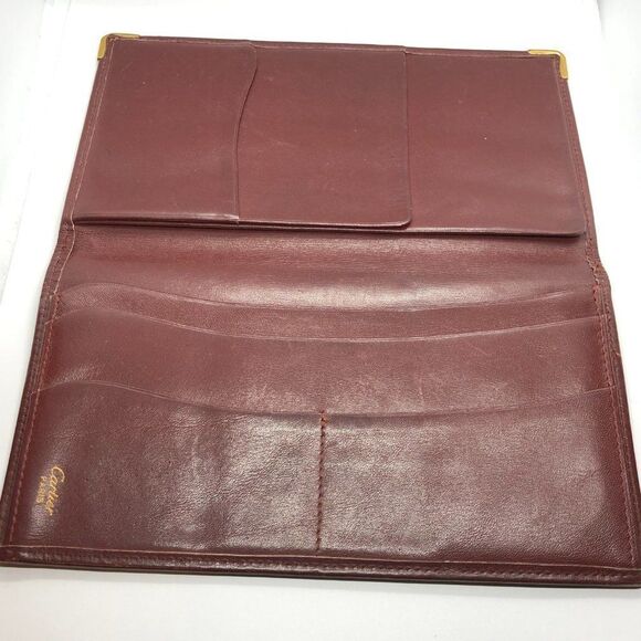 Must De Cartier Bordeaux Burgundy Red & Gold Leather Wallet Checkbook Holder - Picture 6 of 9